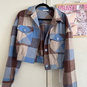 Plaid Cropped Jacket - Blue and Brown